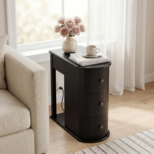 Vista 3 de Henf Wooden Narrow Side Table w/Charging Station&Hidden Cup Holders,Black Black-3 Drawers