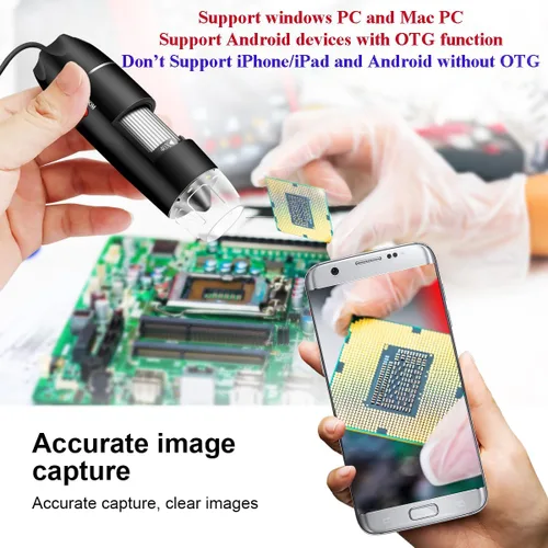 Vista 4 de Microscopio USB con cámara y soporte y estuche de transporte, microscopio digital Cainda compatible con Android, Windows, Linux, Mac, lupa portátil