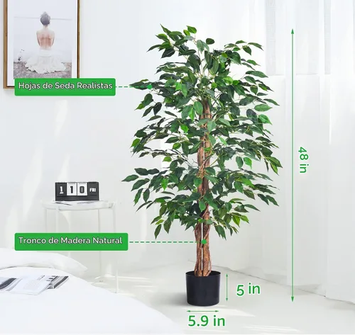 Vista 4 de HAIHONG Árbol de Ficus Artificial de 4 Pies, Plantas de Seda Artificial con Maceta de Vivero de Plástico Resistente, Árboles de Ficus Artificiales