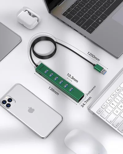 Vista 7 de Hub USB 3.0 de 7 puertos, USB a concentrador de red con cable de 3.9 pies de largo para laptop, divisor USB con puerto Gigabit Ethernet y puerto