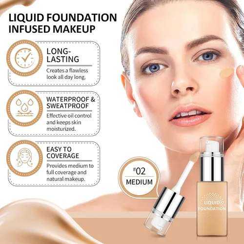 Vista 2 de Base líquida de cobertura completa, maquillaje facial impecable mate - mediano Base ligera de textura cremosa, hidratante y suavizante, a prueba
