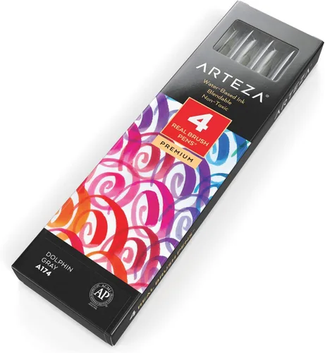 Vista 2 de Arteza Bolígrafos de pincel real, A174 gris delfín, paquete de 4, bolígrafos de acuarela con puntas de pincel de nailon, suministros de arte