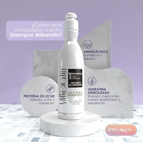 Vista 3 de Prokpil Milkeratin Step 1 Champú sin sal Cuidado posalisado sin parabenos sin encrespamiento Champu Pos Laciado Libre de parabenos Sin Sal