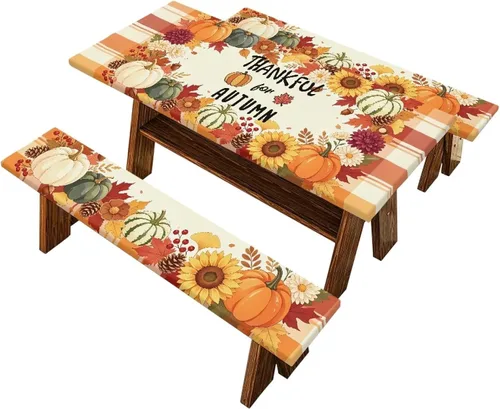 Vista 30 de Juego de 3 calcetines de árbol de Navidad de dibujos animados y galletas, funda de mesa de picnic ajustable con funda de banco, manteles Calcetines