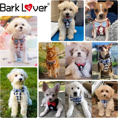 Vista 4 de Bark Lover Arnés para cachorro pequeño con corbatín, chaleco ajustable de malla para perros pequeños, gatitos, perfecto para fiestas, bodas y Negro