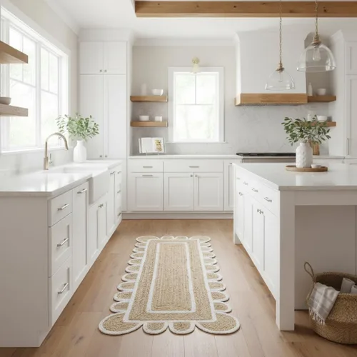 Vista 15 de Alfombra festoneada de yute natural, base natural con ribete blanco hueso, alfombra bohemia de granja hecha a mano con respaldo antideslizante