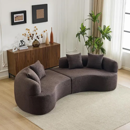 Vista 17 de Sofá biplaza curvado moderno de 67 pulgadas, sofá tapizado de terciopelo de peluche, cómodo sofá comprimido con 2 almohadas para espacios pequeños