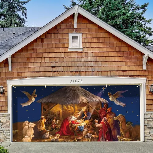 Vista 8 de Cubierta para puerta de cochera de Navidad Wesiti 6 x 13 pies, cartel religioso de Jesús, Feliz Navidad, para puerta de cochera, fondo de escena