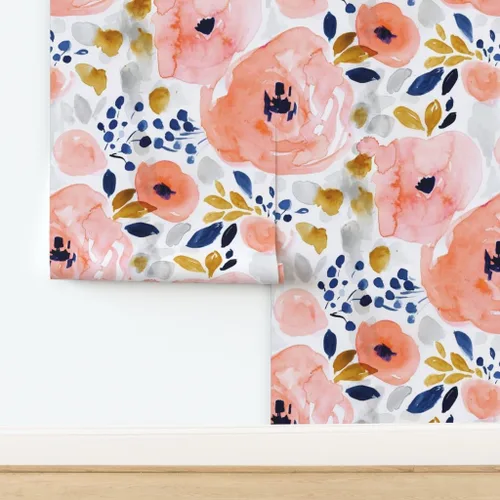 Vista 4 de Spoonflower Papel tapiz para despegar y pegar, papel tapiz extraíble personalizado floral melocotón grande acuarela coral