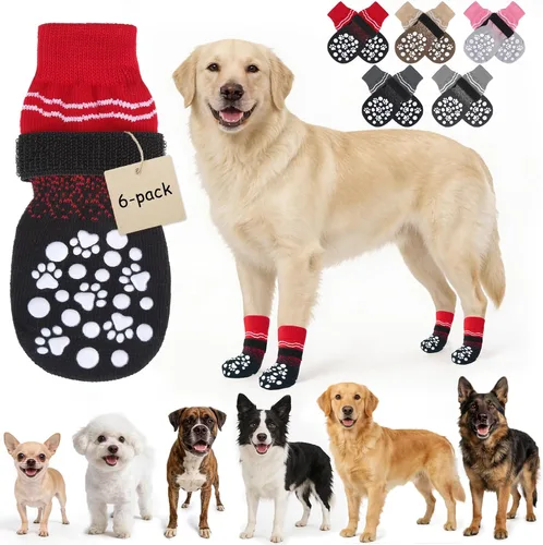 Vista 10 de BINGPET 6 calcetines para perros para evitar lamer patas con agarres para suelos de madera dura, antideslizantes, zapatos de invierno para mascotas