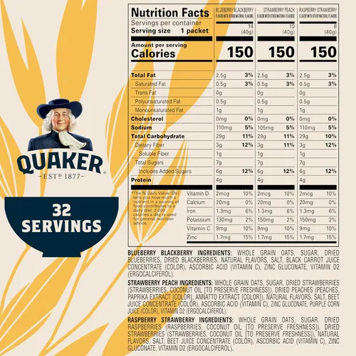 Vista 3 de Avena instantánea Quaker Immunity, paquete variado de 3 sabores, buena fuente de vitaminas C, D y zinc, granos enteros, sin sabores artificiales