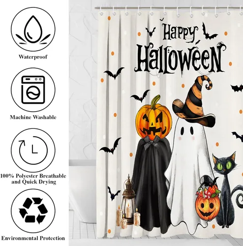 Vista 7 de Mocsicka Juego de cortinas de ducha de Halloween para baño, 4 piezas, fantasma, gato, calabaza, juegos de baño con alfombras antideslizantes