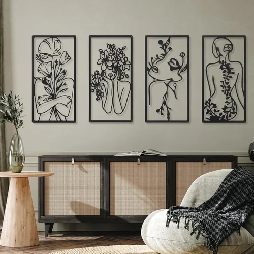 Vista 8 de Cindeer 4 piezas de arte de pared de metal minimalista abstracto para mujer, línea de arte de pared, dibujo de líneas de metal, arte colgante