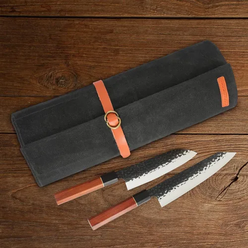 Vista 4 de Manjushri Bolsa enrollable para cuchillos de chef con 9 bolsillos de tela de lona y cinturón de cuero genuino. Negro