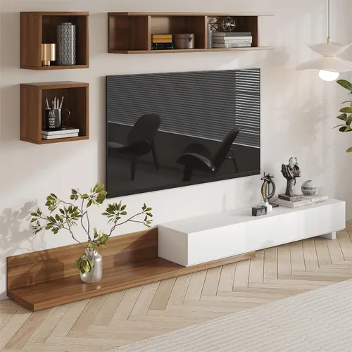 Vista 8 de homary Soporte extensible de madera para TV, centro de entretenimiento rectangular, consola multimedia con 3 cajones (negro y nogal)