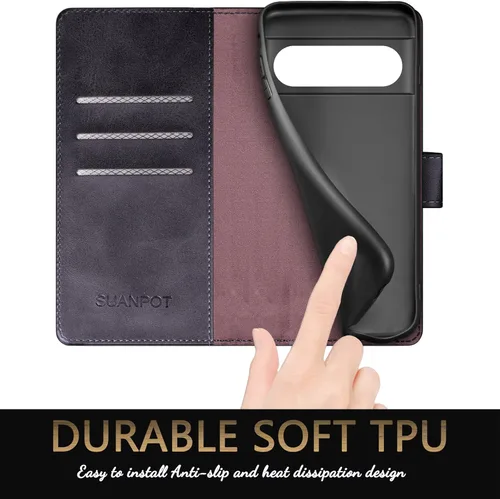 Vista 5 de SUANPOT Funda tipo cartera para Google Pixel 7 Pro 5G con bloqueo RFID, tarjetero de crédito, funda protectora de piel sintética con tapa para Negro