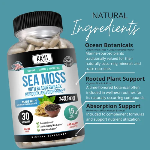 Vista 5 de Kaya Naturals Sea Moss - Suplemento de movilidad para hombres y mujeres, con raíz de bardana, musgo irlandés, vejiga y bioperina, para la salud
