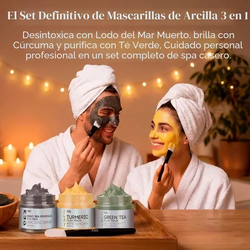 Vista 2 de ANAI RUI Juego de 3 mascarillas faciales – Máscara de arcilla de cúrcuma – Máscara facial de té verde – Máscara de barro del Mar Muerto para piel