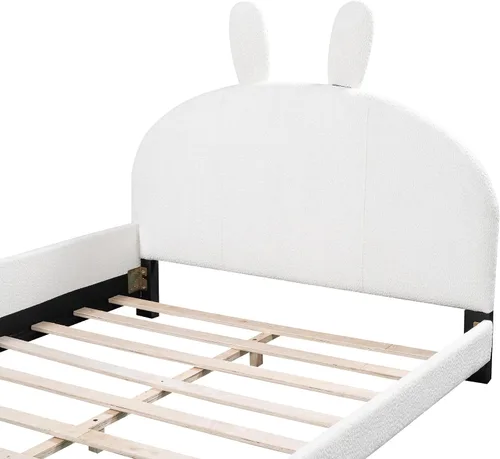 Vista 6 de Cama de plataforma tapizada de tamaño completo con cabecero en forma de orejas de dibujos animados, para muebles de dormitorio de niños
