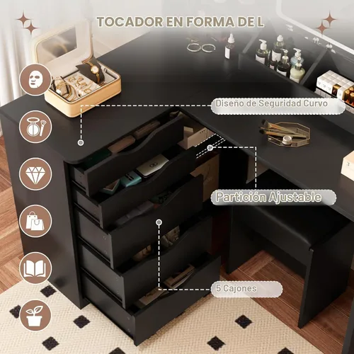 Vista 6 de Furmax Escritorio de tocador con espejo, tocador en forma de L, espejo iluminado con LED, con toma de corriente y 3 estantes de almacenamiento, mesa