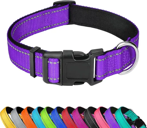 Vista 25 de Collar reflectante para perro, ajustable de neopreno suave acolchado de nailon para mascotas con hebilla para cachorros y perros pequeños, gatos