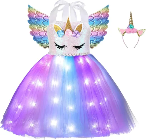 Vista 9 de Disfraz de unicornio para niñas con luz LED, tutú de princesa para disfraz de Halloween, regalo de cumpleaños y Navidad Arco iris profundo+ala