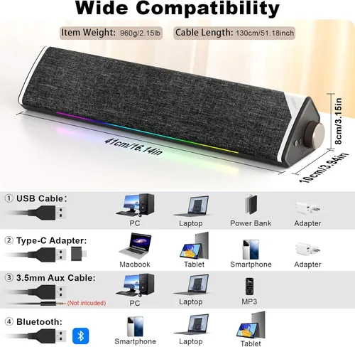 Vista 6 de SOULION Altavoces de computadora Bluetooth con cable alimentados por USB para PC de escritorio USB Plug & Play, 5 modos dinámicos de luces LED RGB