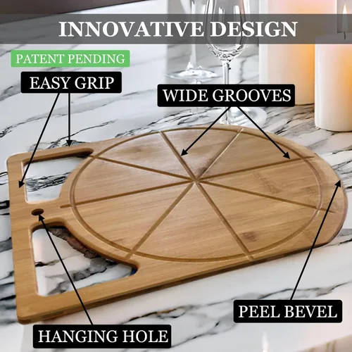 Vista 3 de Pala de Pizza de Madera 2 en 1 y Tabla de Cortar de Bambú Tabla de Pala de Pizza de Doble Agarre para Hornear, Espátula de Pizza y Tabla de Cortar
