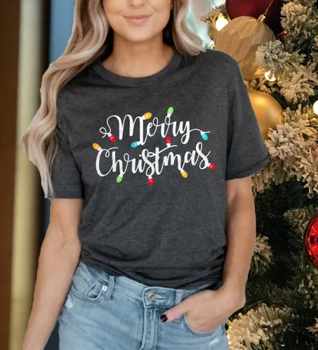 Vista 4 de Camisetas navideñas para mujer Let's Get Lit, camisa con lindo diseño gráfico de luces, manga corta, tops y camisetas de Navidad Gris-Carbón