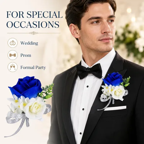 Vista 4 de ChezMax Ramillete artificial de flores hechas a mano con clip y cinta, 4 unidades para novia, novio, boda, fiesta de graduación