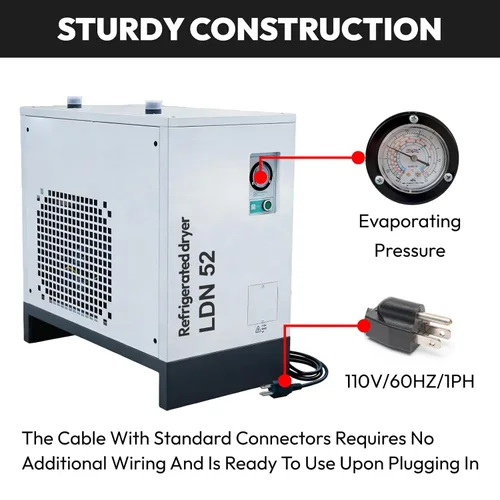 Vista 6 de kapa Industrial Refrigerated Air Dryer with R134a Cooling System for Air Compressors –53 CFM, 0.33KW, 110V/60Hz – Removes Moisture, Oil
