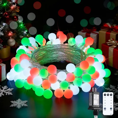 Vista 18 de JMEXSUSS Luces de Cuerda de Globo, Luces de Navidad Rojas y Blancas, Enchufe de 100 LED Globe String Lights Plug in with Remote, 33 ft 8 Modes