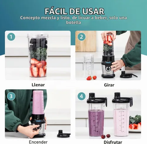 Vista 5 de La Reveuse Licuadora para batidos, 400 W, con 2 tazas de mezcla de 24 onzas y tapas para llevar, sin BPA
