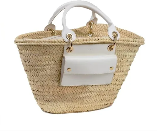 Vista 5 de Cesta francesa bolsa de paja con asas de cuero bolsa de playa, bolsa de paja, cesta de mercado