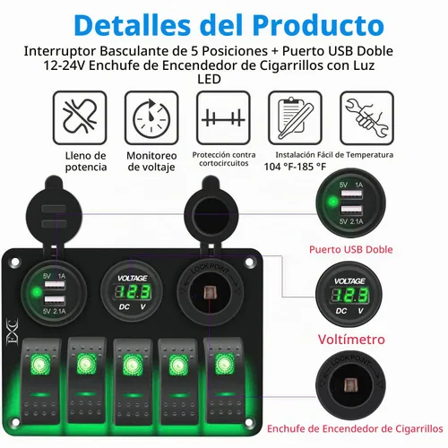Vista 5 de FXC Interruptor basculante de 5 segmentos con doble ranura USB de 5 V 3.1 A + medidor de voltios + encendedor de cigarrillos para lanchas marinas