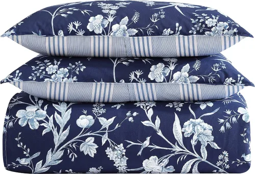 Vista 12 de Laura Ashley - Juego de edredón King con fundas de almohada, algodón, reversible Rama Toile Azul