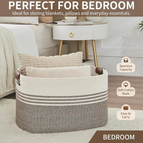 Vista 14 de DOFASAYI Cesta de lavandería grande de 72 litros con asas de cuero, cesta de almacenamiento decorativa para mantas, cesta de ropa para sala