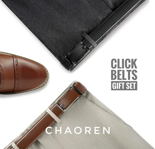 Vista 5 de CHAOREN - Cinturones de trinquete con clic para hombre, paquete de 2 - Cinturón de trinquete de cuero para hombre de 1 3/8" para vestir y casual