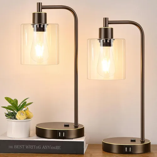 Vista 17 de Juego de 2 lámparas de mesa con control táctil industrial - Lámparas de mesita de noche en níquel cepillado con 2 puertos USB y enchufe de CA