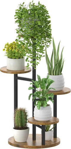 Vista 10 de Oppro Soporte para plantas de 3 niveles para interiores, soporte de esquina de metal de madera escalonada, soporte para macetas, estante de madera