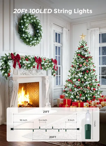 Vista 2 de Minetom Guirnalda de luces de Navidad transparentes, 100 unidades, 20 pies Alambre blanco y verde puro