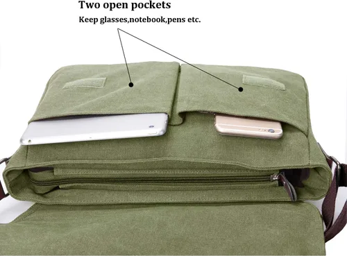 Vista 6 de Bolso bandolera de lona vintage para hombres y mujeres, bolsa de hombro de viaje para laptop de 13.5 pulgadas, bolsa para libros (verde militar)