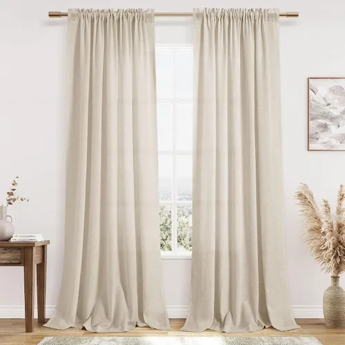Vista 52 de Cortinas de lino verde aguamarina de 84 pulgadas de largo, juego de 2 paneles semitransparentes con bolsillo para barra para comedor, decoración