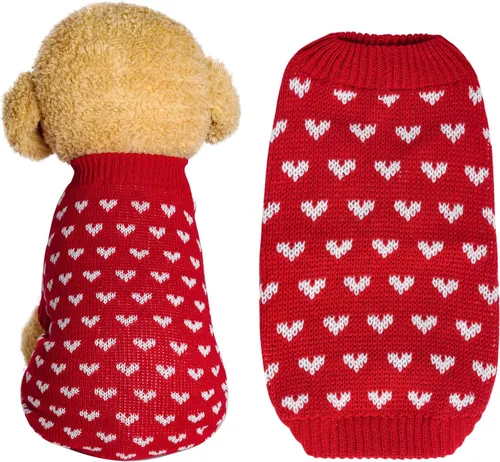 Vista 7 de Dxhycc Suéter de perro tejido con corazón, suéter de cachorro cálido y suave, ropa festiva para mascotas para gatos y perros pequeños (Rosa, S)