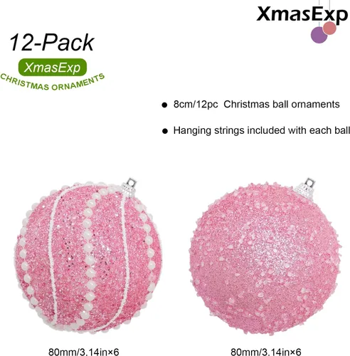 Vista 2 de 12 adornos de bola de Navidad de 3.15 pulgadas, con lentejuelas, inastillables, adornos decorativos para colgar en árboles de Navidad, fiestas