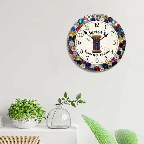 Vista 4 de ArogGeld Reloj de pared personalizado para sala de costura, botón de joya de color, 10 pulgadas, reloj de sala de manualidades, funciona