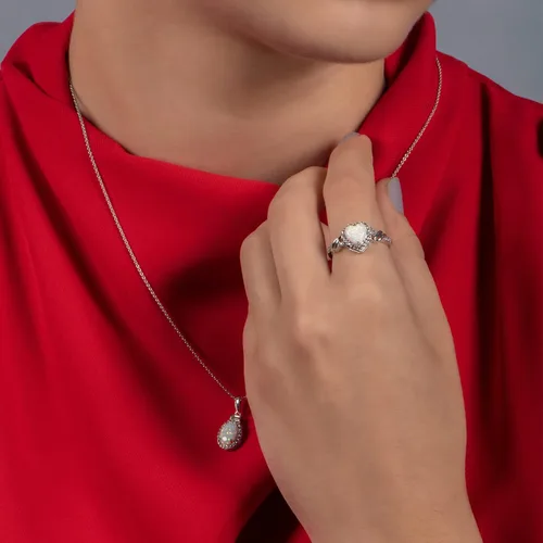 Vista 5 de Jewelili Anillo de promesa de plata de ley de 0.276in con diseño de ópalo y corazón de zafiro blanco creado redondo, Metal, Ópalo creado