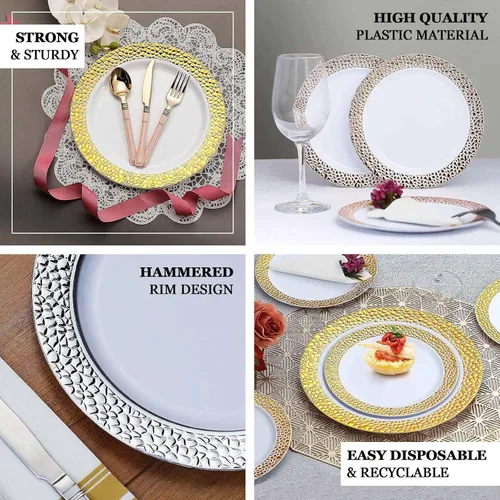 Vista 4 de Efavormart - Paquete de 10 platos de postre de plástico martillado de oro rosa rubor de 7.5 pulgadas con borde dorado, platos redondos desechables