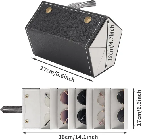 Vista 2 de Estuche de viaje para lentes de sol, organizador plegable de 5 ranuras, caja de almacenamiento colgante para mujeres y hombres, Negro