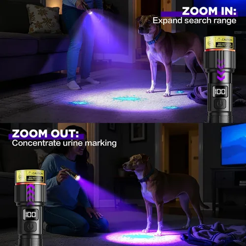 Vista 3 de Linterna UV WdtPro de 395 nm súper brillante, luz negra recargable con pantalla LCD, luz UV IP65 zoomable con clip, potente luz negra portátil